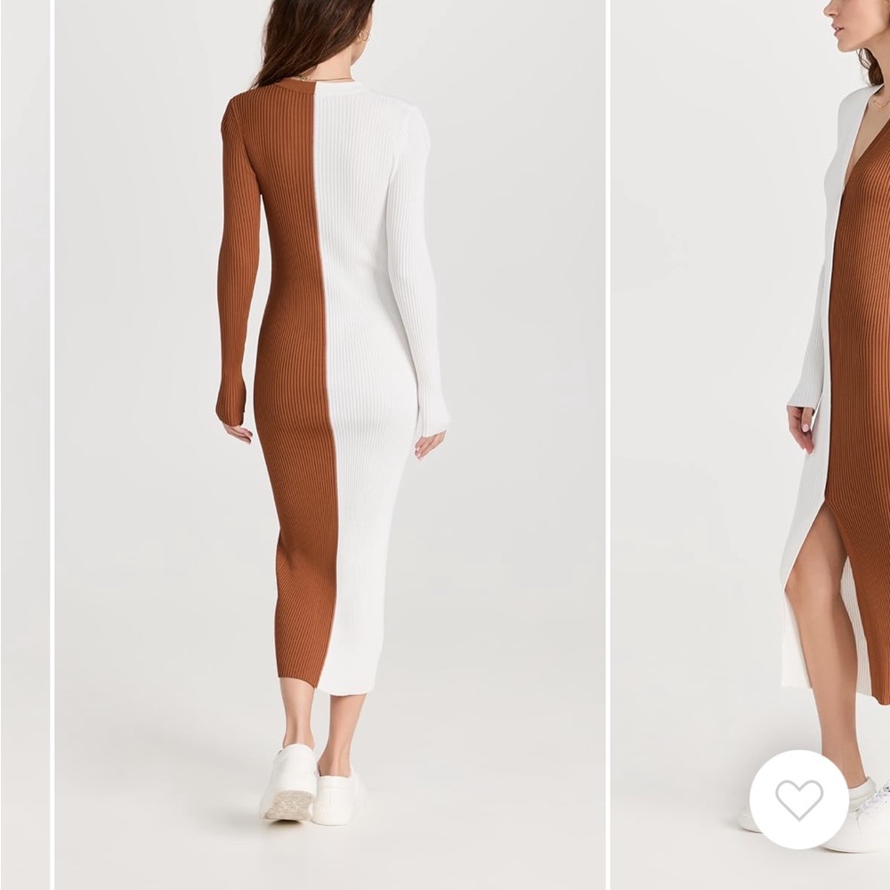 STAUD Brown Ribbed Long Sleeve V-Neck Bodycon Dress - Picture 2 of 4